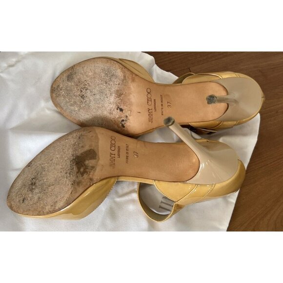 Jimmy Choo Peep Toe Mary Jane heel Sz 37 buckle Italy yellow nude gold bag - Picture 6 of 7